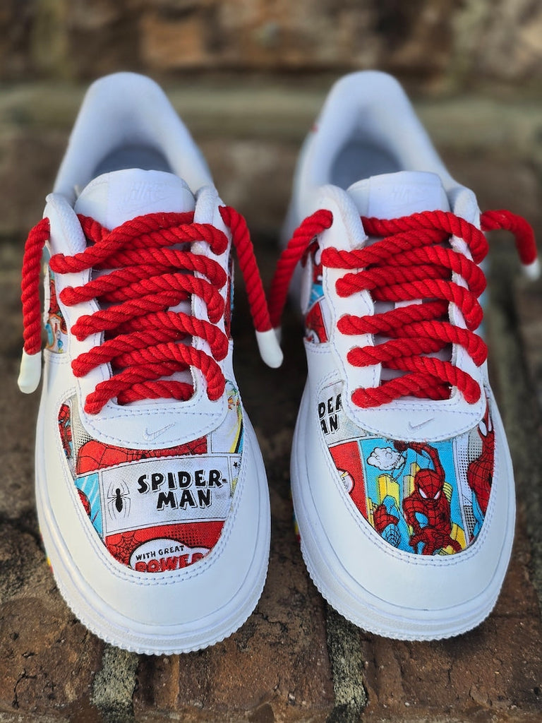 Custom Air Force 1 White With Spider - Man Comic Pattern And Red Laces