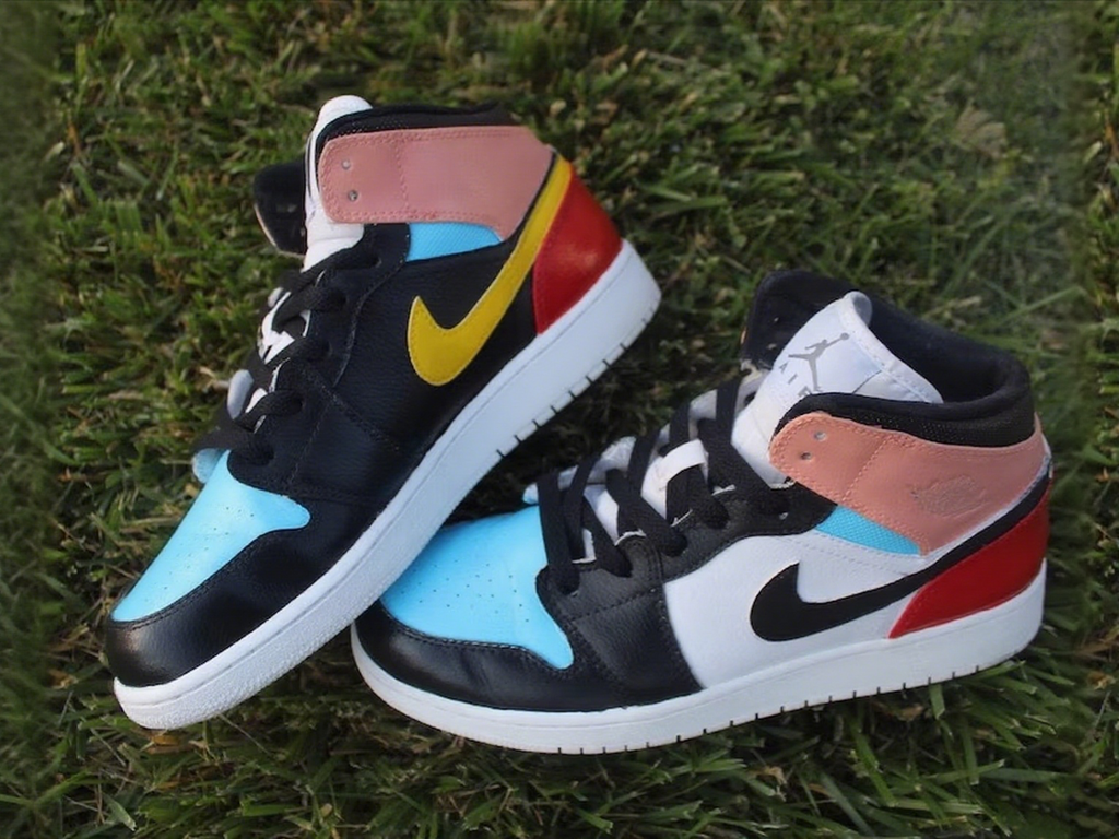 Custom Air Jordan 1 Baby Blue Pink Black Red Yellow Color - Blocked Style