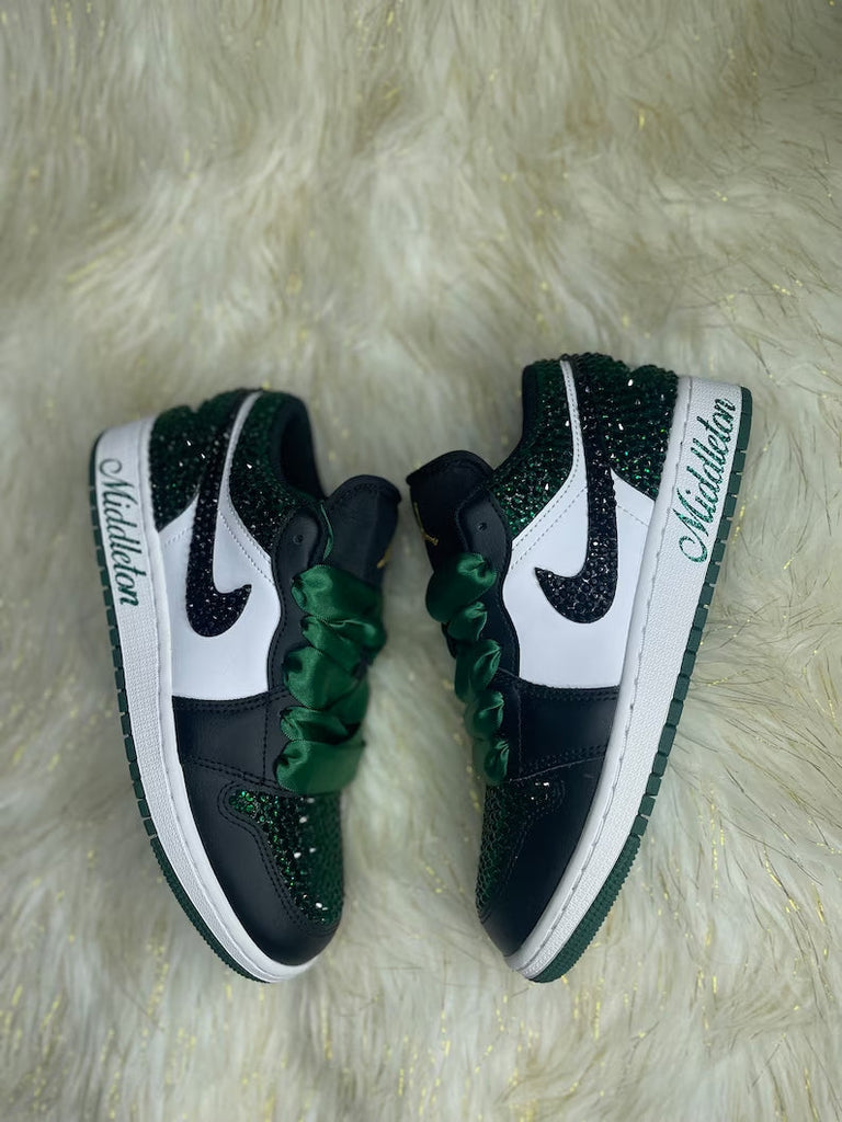Custom Air Jordan 1 Black Green Glitter Rhinestones Satin Laces