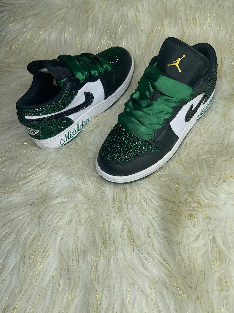 Custom Air Jordan 1 Black Green Glitter Rhinestones Satin Laces