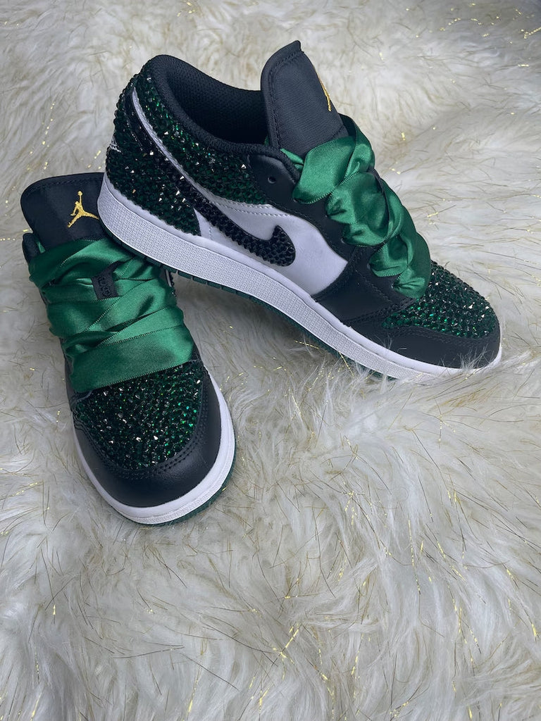 Custom Air Jordan 1 Black Green Glitter Rhinestones Satin Laces