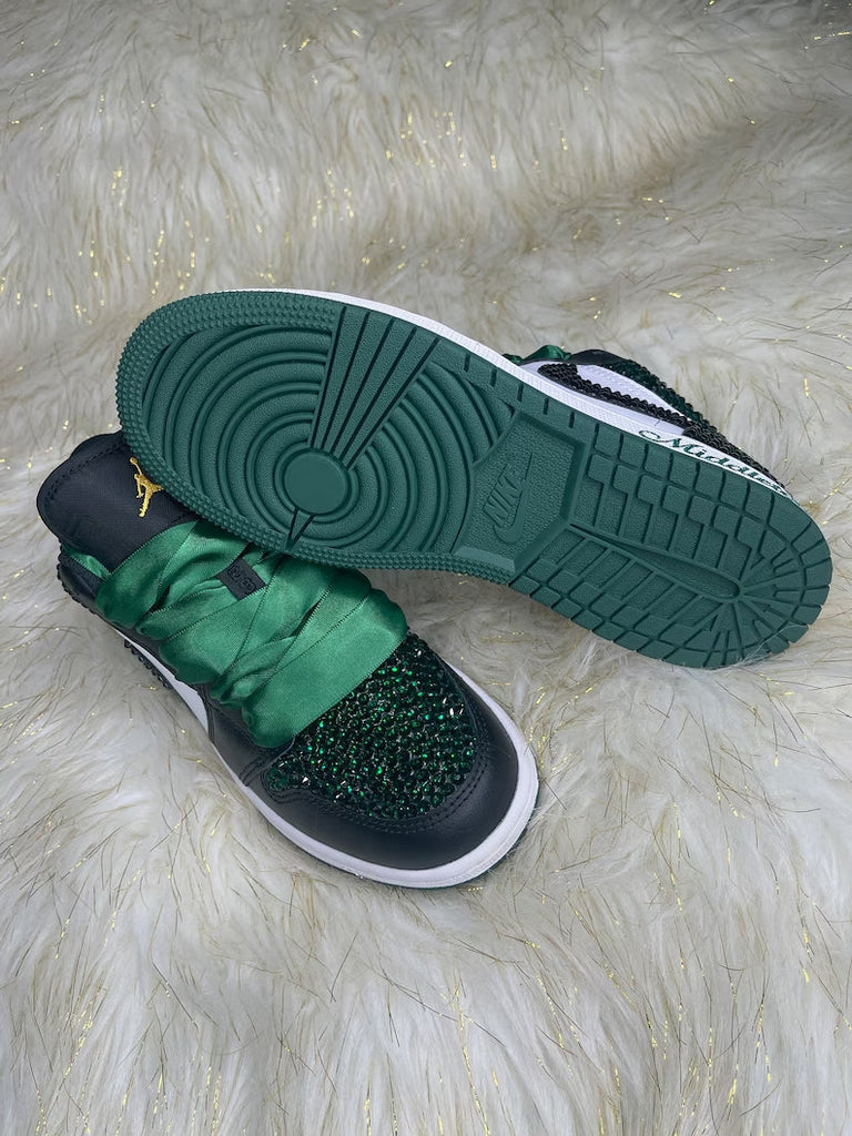 Custom Air Jordan 1 Black Green Glitter Rhinestones Satin Laces