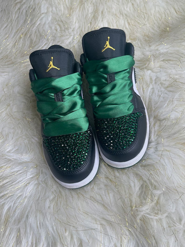 Custom Air Jordan 1 Black Green Glitter Rhinestones Satin Laces
