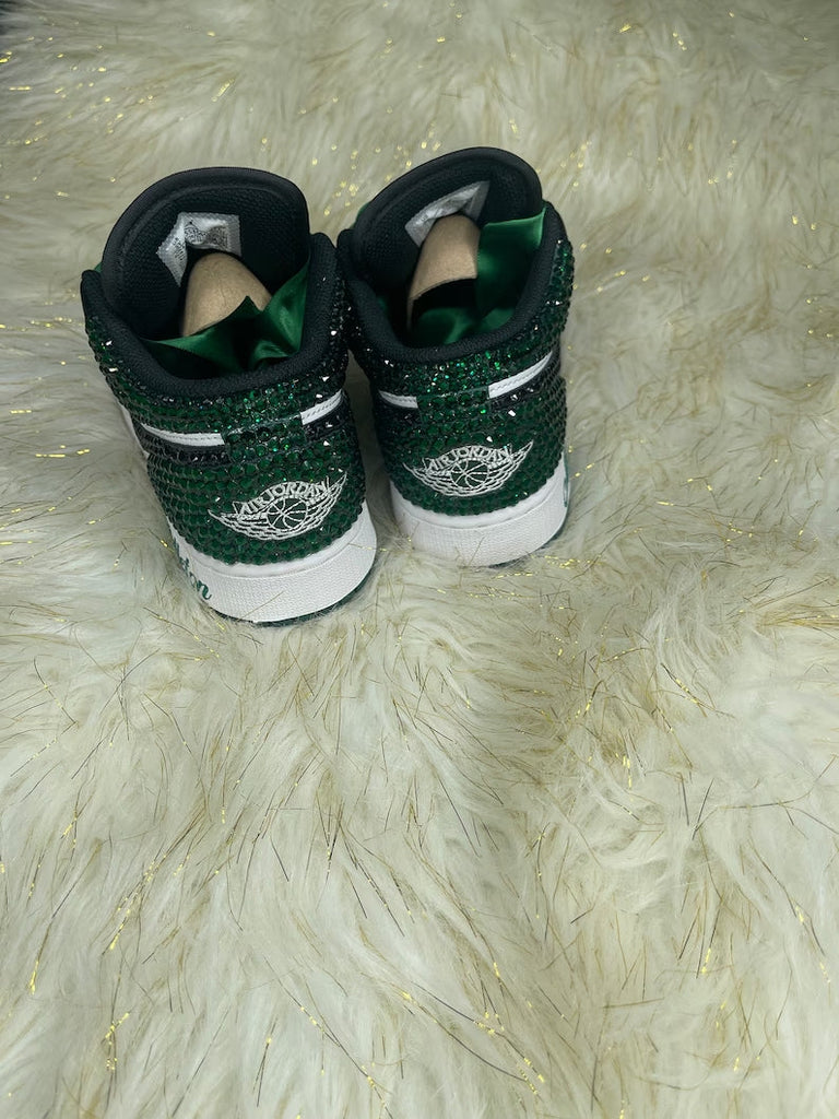 Custom Air Jordan 1 Black Green Glitter Rhinestones Satin Laces