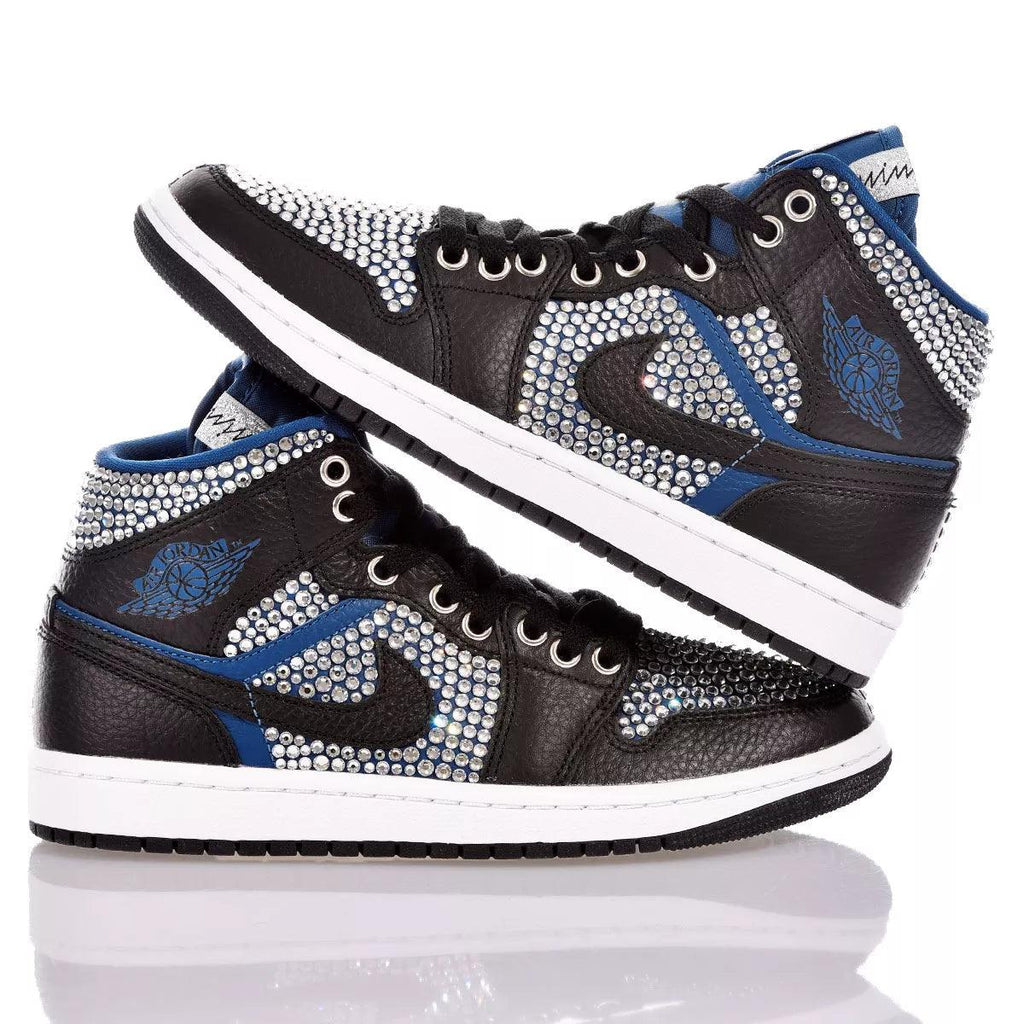 Custom Air Jordan 1 Black White Blue With Rhinestones