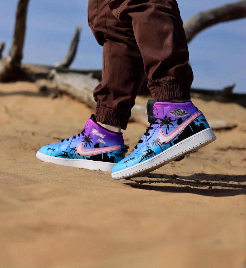 Custom Air Jordan 1 Blue Purple With Palm Tree Pattern