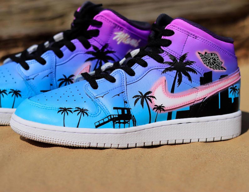 Custom Air Jordan 1 Blue Purple With Palm Tree Pattern