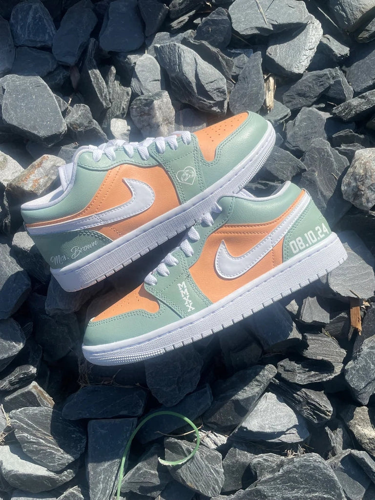 Custom Air Jordan 1 Mint Green Orange Heart Pattern