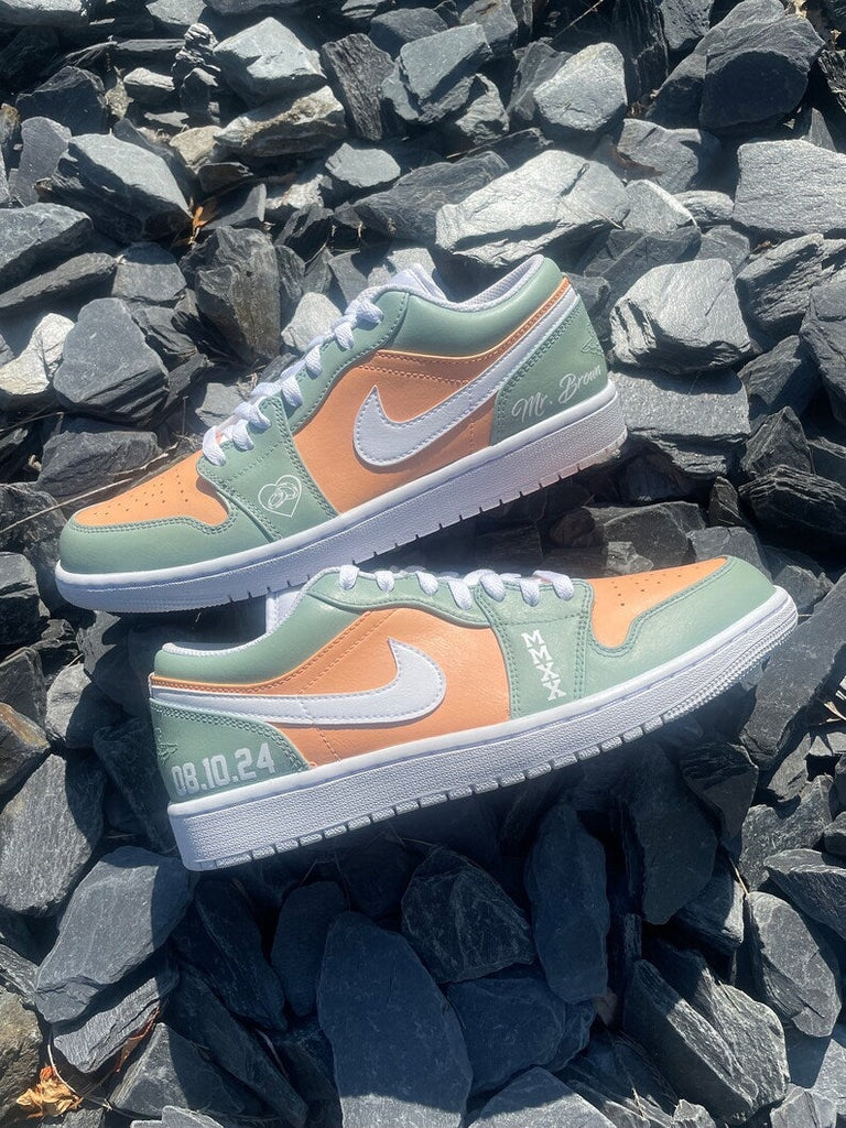 Custom Air Jordan 1 Mint Green Orange Heart Pattern