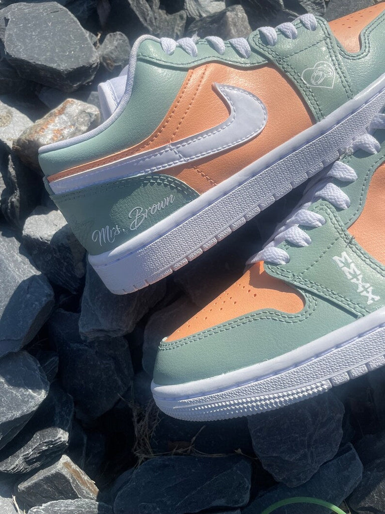 Custom Air Jordan 1 Mint Green Orange Heart Pattern