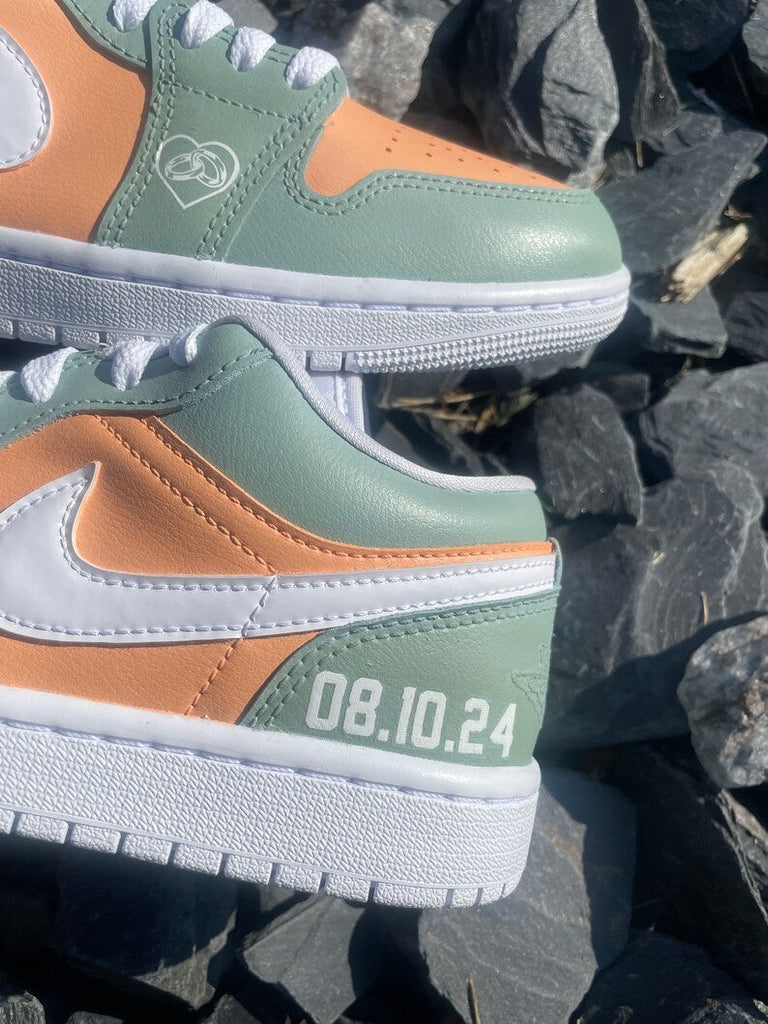 Custom Air Jordan 1 Mint Green Orange Heart Pattern