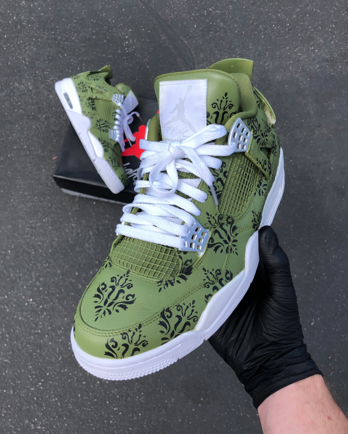 Custom Air Jordan 1 Olive Green With Black Floral Patterns