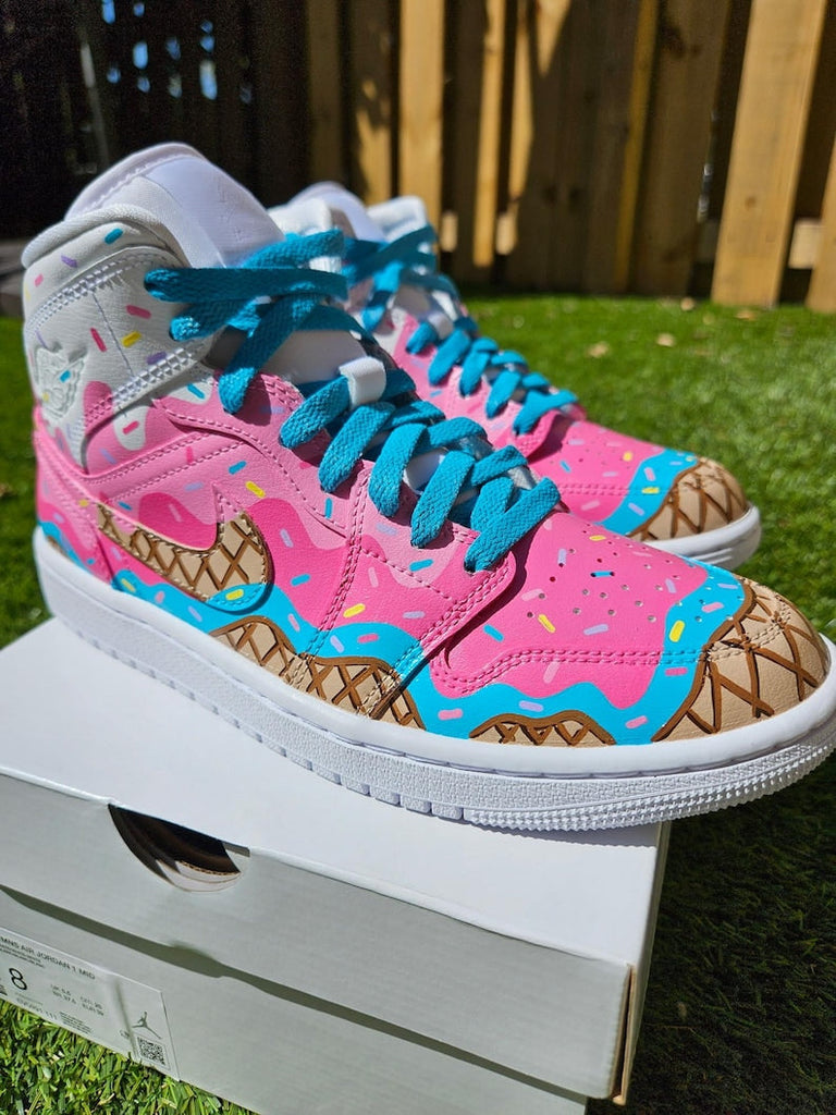 Custom Air Jordan 1 Pink Blue With Ice - Cream Cartoon