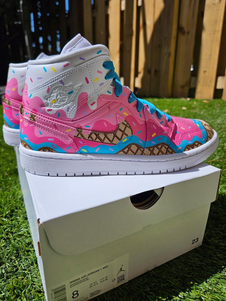 Custom Air Jordan 1 Pink Blue With Ice - Cream Cartoon
