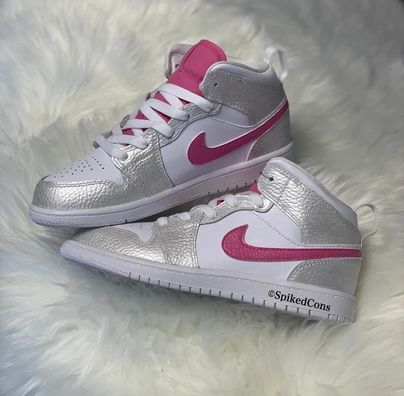 Custom Air Jordan 1 Silver White Baby Pink Snake Skin Pattern