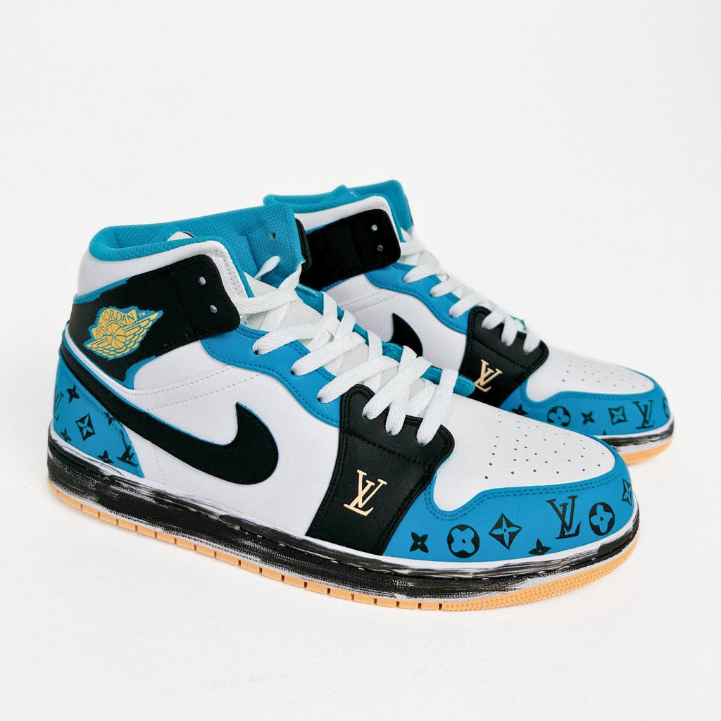 Custom Air Jordan 1 White Black and Blue With LV Pattern
