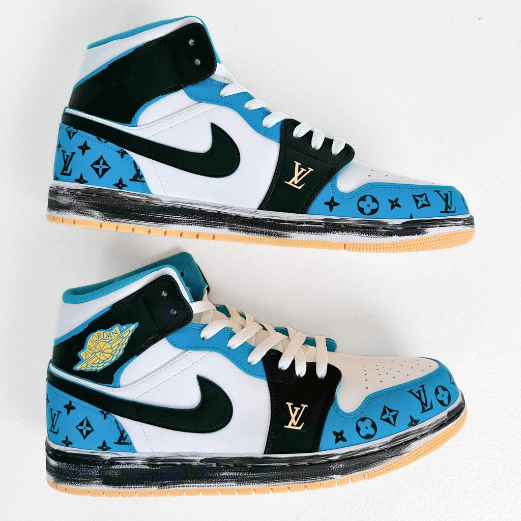 Custom Air Jordan 1 White Black and Blue With LV Pattern