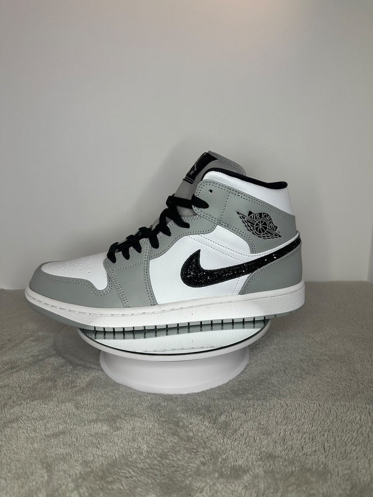 Custom Air Jordan 1 White Grey With Black Swoosh Glitter