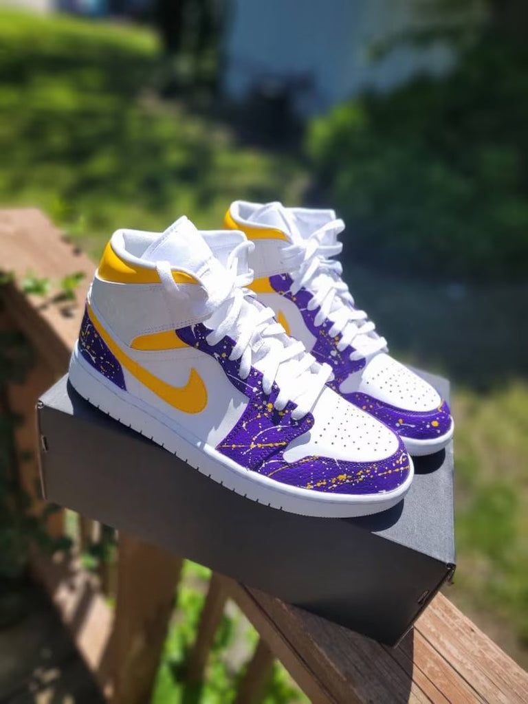 Custom Air Jordan 1 White Purple Yellow Splatter Pattern