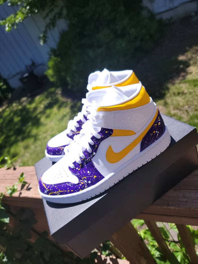 Custom Air Jordan 1 White Purple Yellow Splatter Pattern