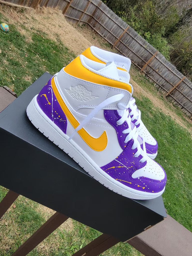 Custom Air Jordan 1 White Purple Yellow Splatter Pattern