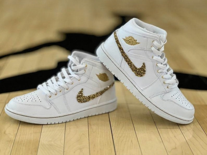 Custom Air Jordan 1 White With Gold Glitter And Name