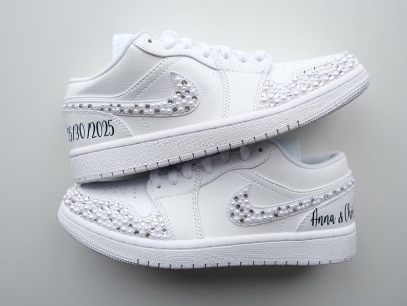 Custom Air Jordan 1 White With Pearl And Rhinestone