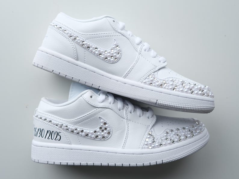 Custom Air Jordan 1 White With Pearl And Rhinestone