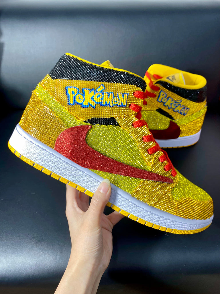 Custom Air Jordans 1 Travis Scott Yellow with Pokemon Glittery Red Swoosh