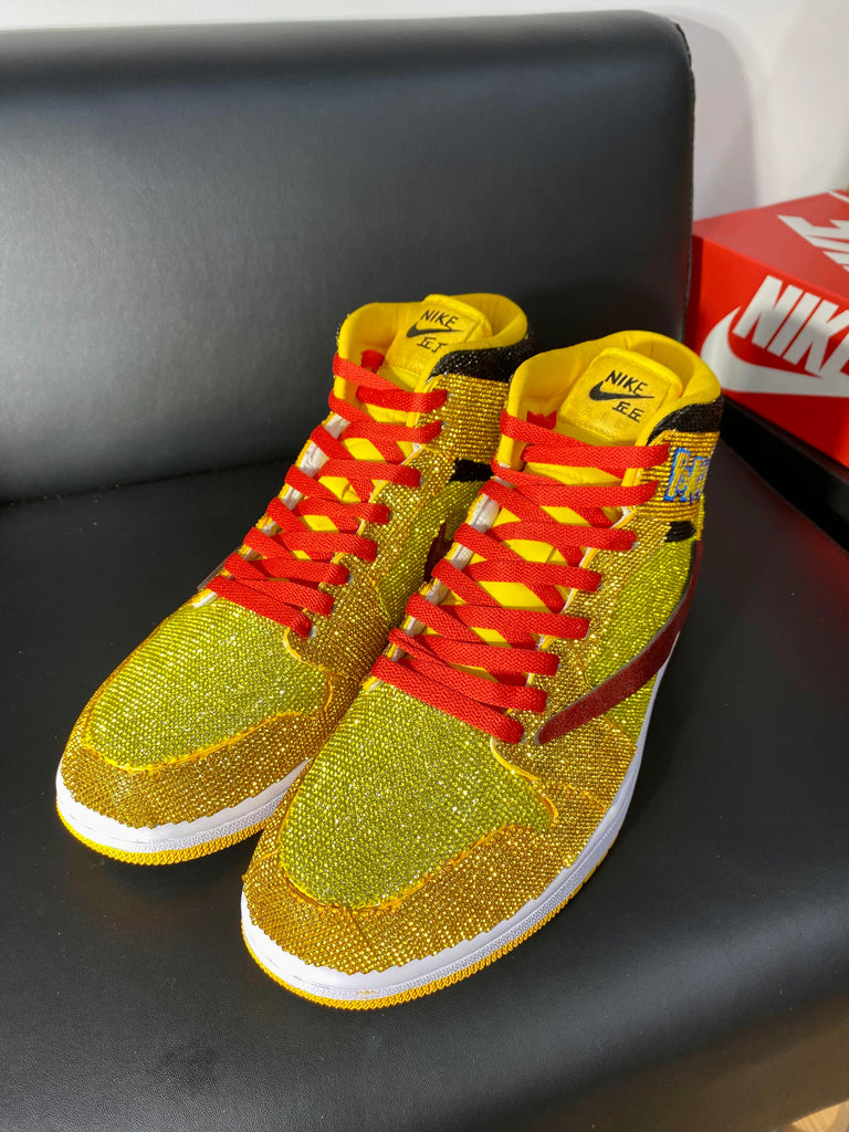 Custom Air Jordans 1 Travis Scott Yellow with Pokemon Glittery Red Swoosh