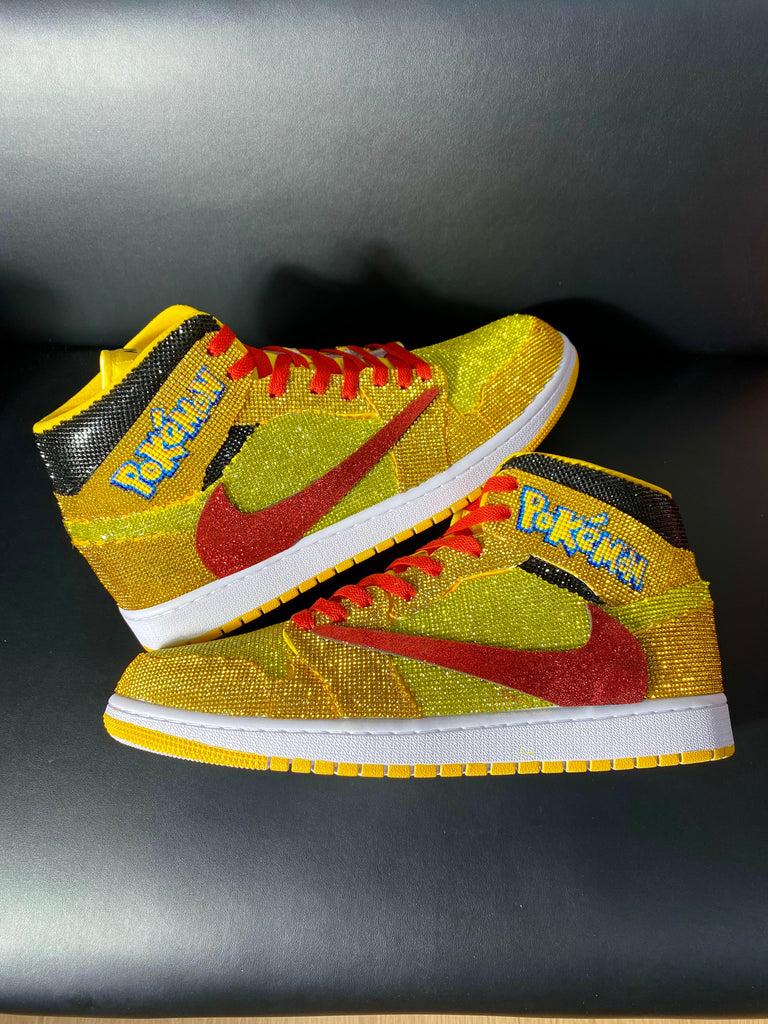 Custom Air Jordans 1 Travis Scott Yellow with Pokemon Glittery Red Swoosh