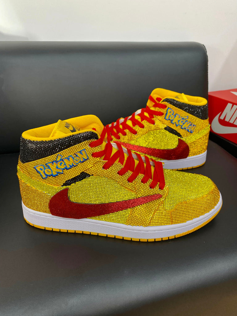 Custom Air Jordans 1 Travis Scott Yellow with Pokemon Glittery Red Swoosh