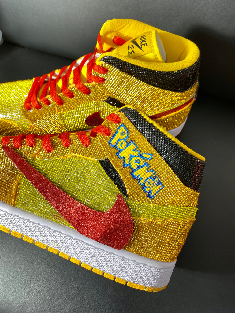 Custom Air Jordans 1 Travis Scott Yellow with Pokemon Glittery Red Swoosh