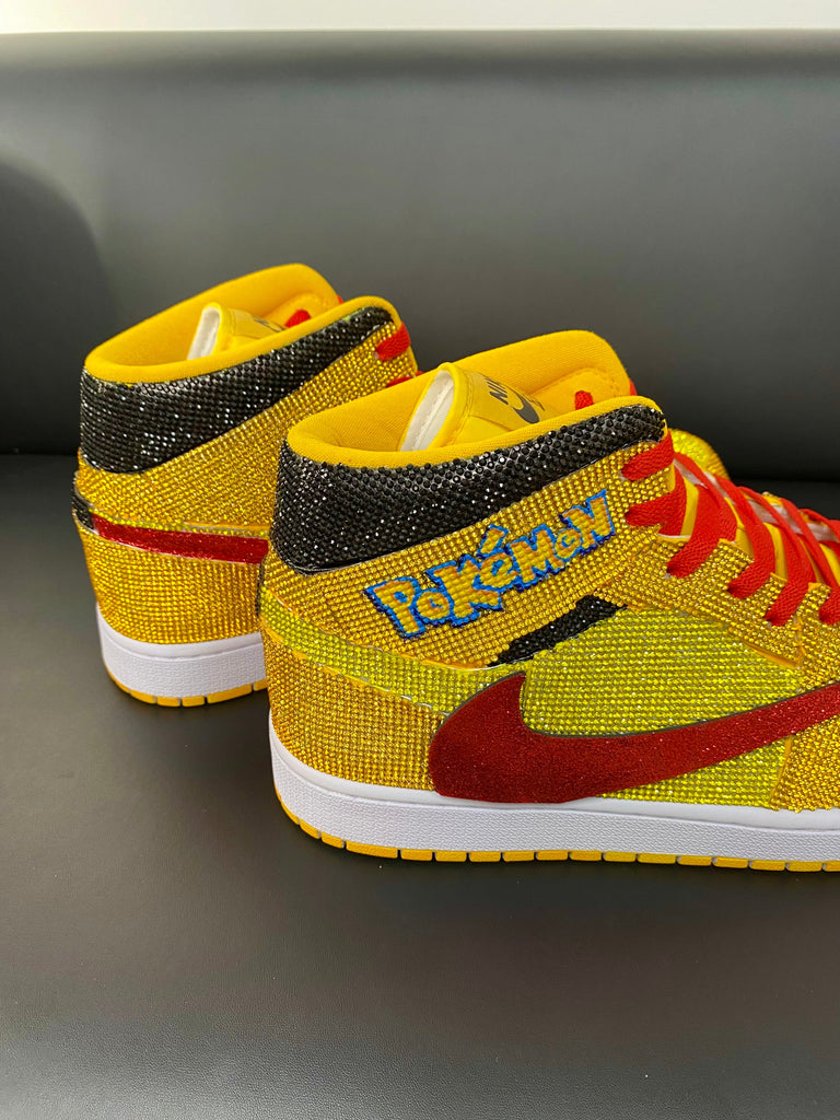 Custom Air Jordans 1 Travis Scott Yellow with Pokemon Glittery Red Swoosh