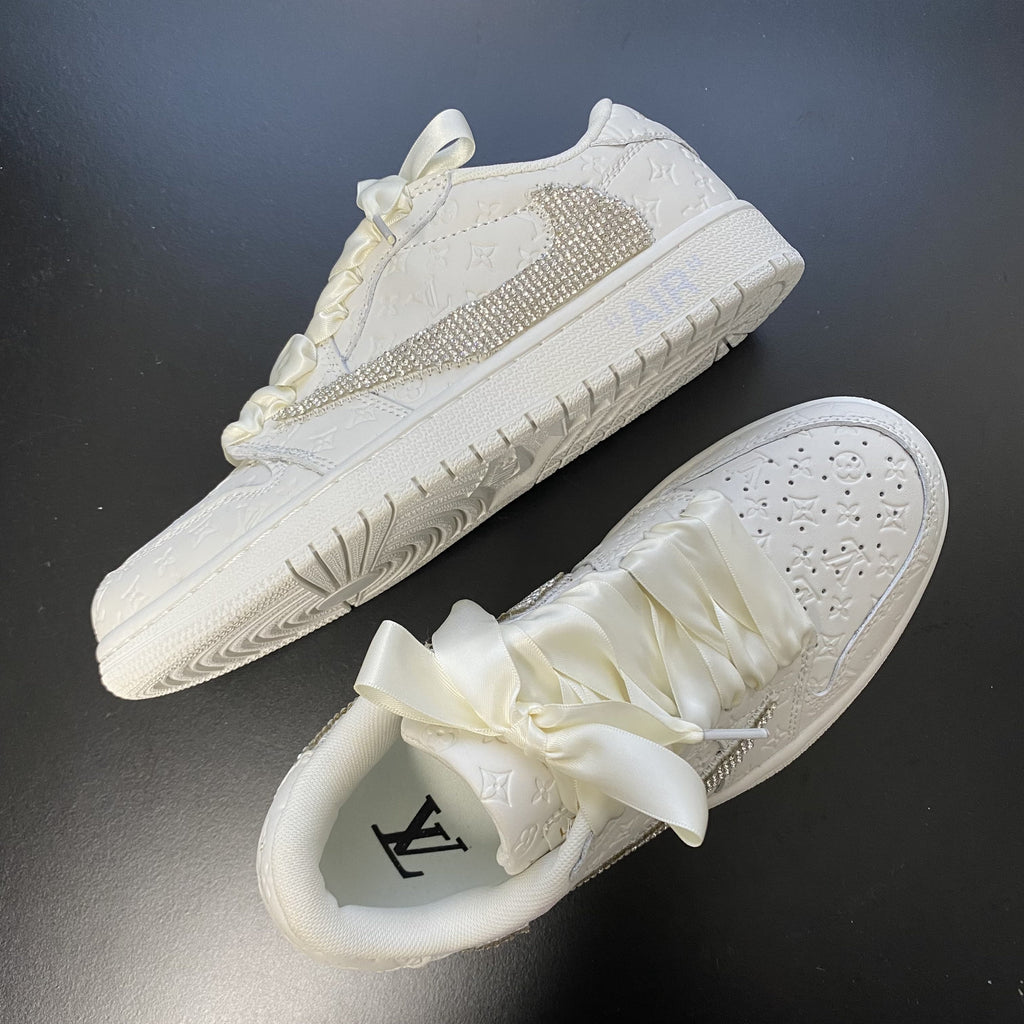 Custom Air Jordans Travis Scott White LV Logo With Rhinestones