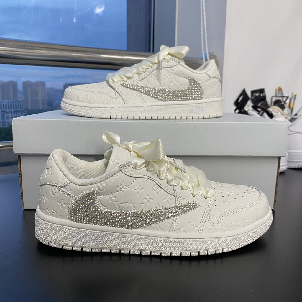 Custom Air Jordans Travis Scott White LV Logo With Rhinestones