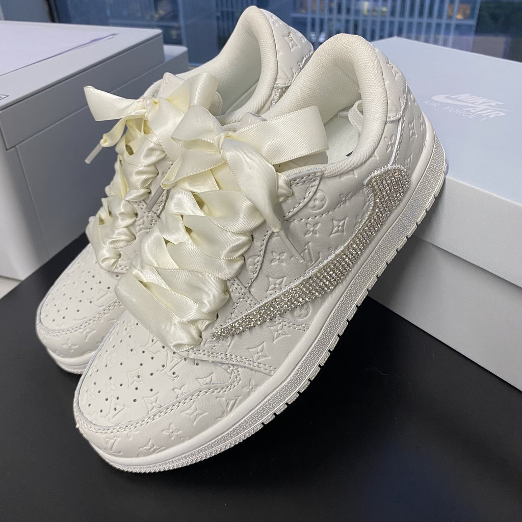 Custom Air Jordans Travis Scott White LV Logo With Rhinestones