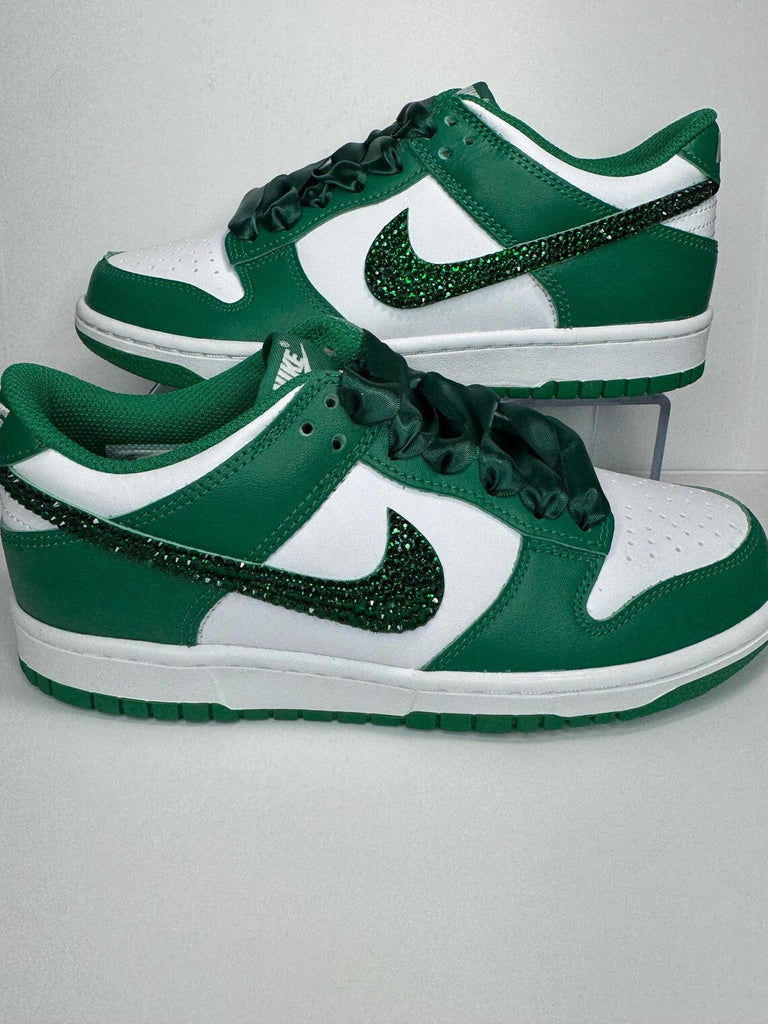 Custom Dunk Green White Glitter Rhinestones Satin Laces
