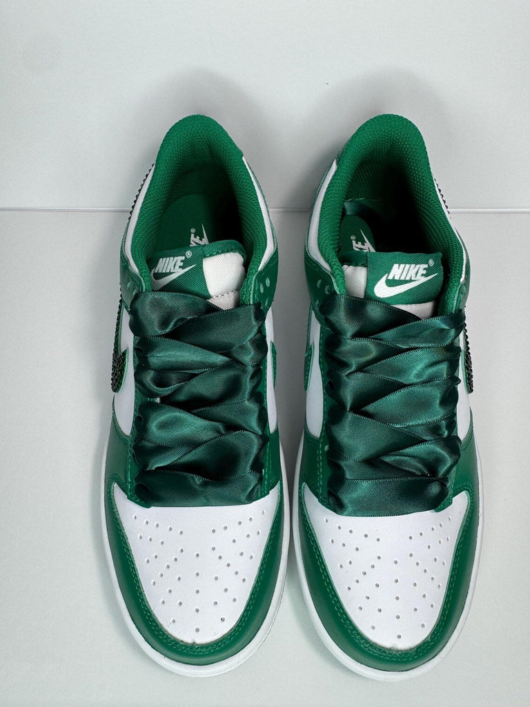 Custom Dunk Green White Glitter Rhinestones Satin Laces
