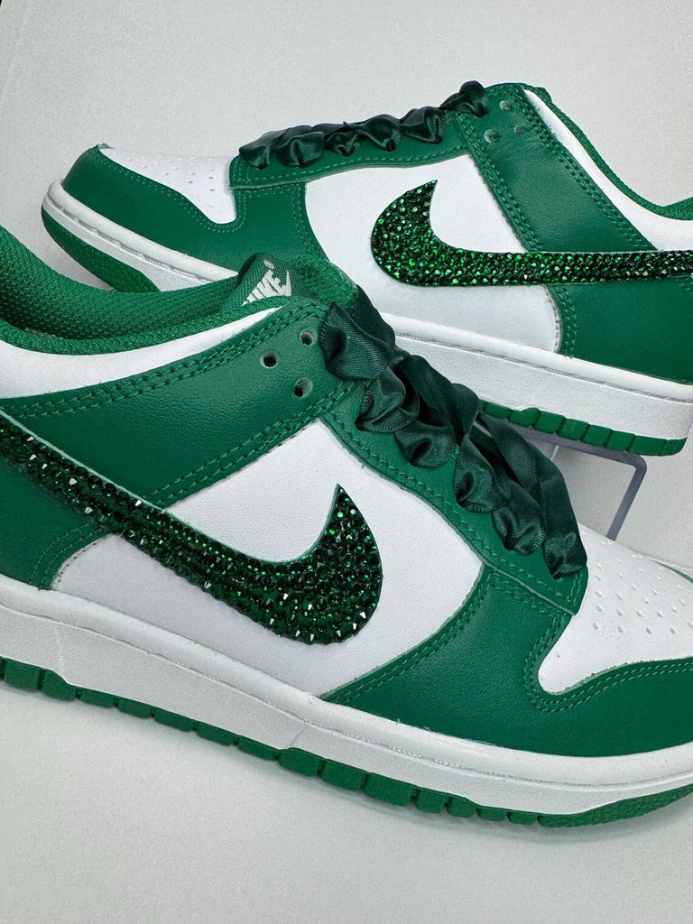 Custom Dunk Green White Glitter Rhinestones Satin Laces