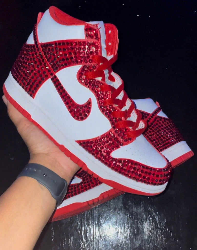 Custom Dunk White Red Rhinestones High