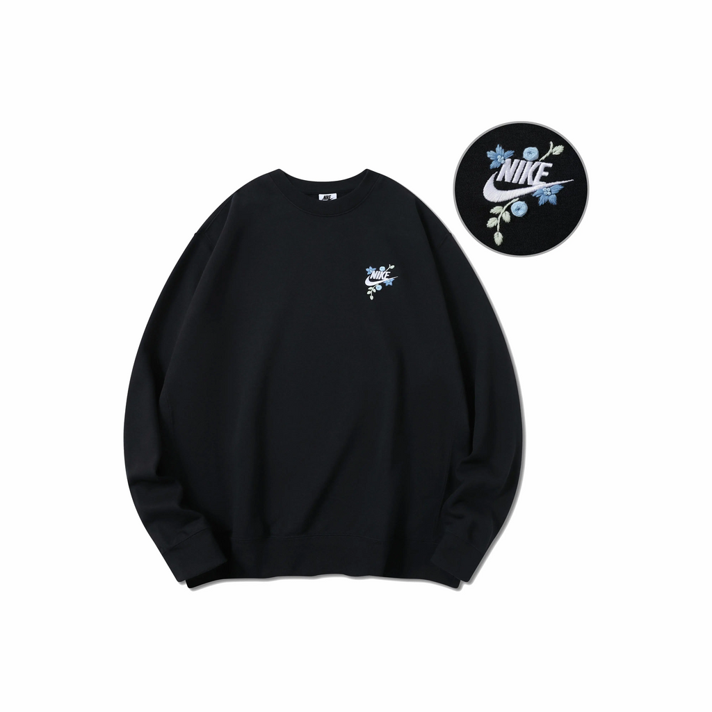Custom Embroidery Nike Sweatshirt Black With Blue Floral Design