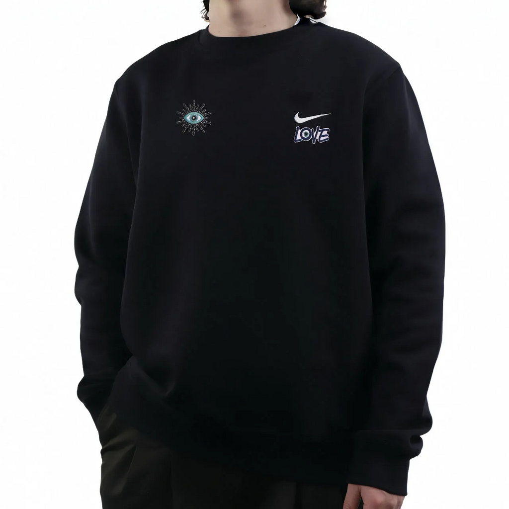Custom Embroidery Nike Sweatshirt Black With Evil - Eye And Love Motif