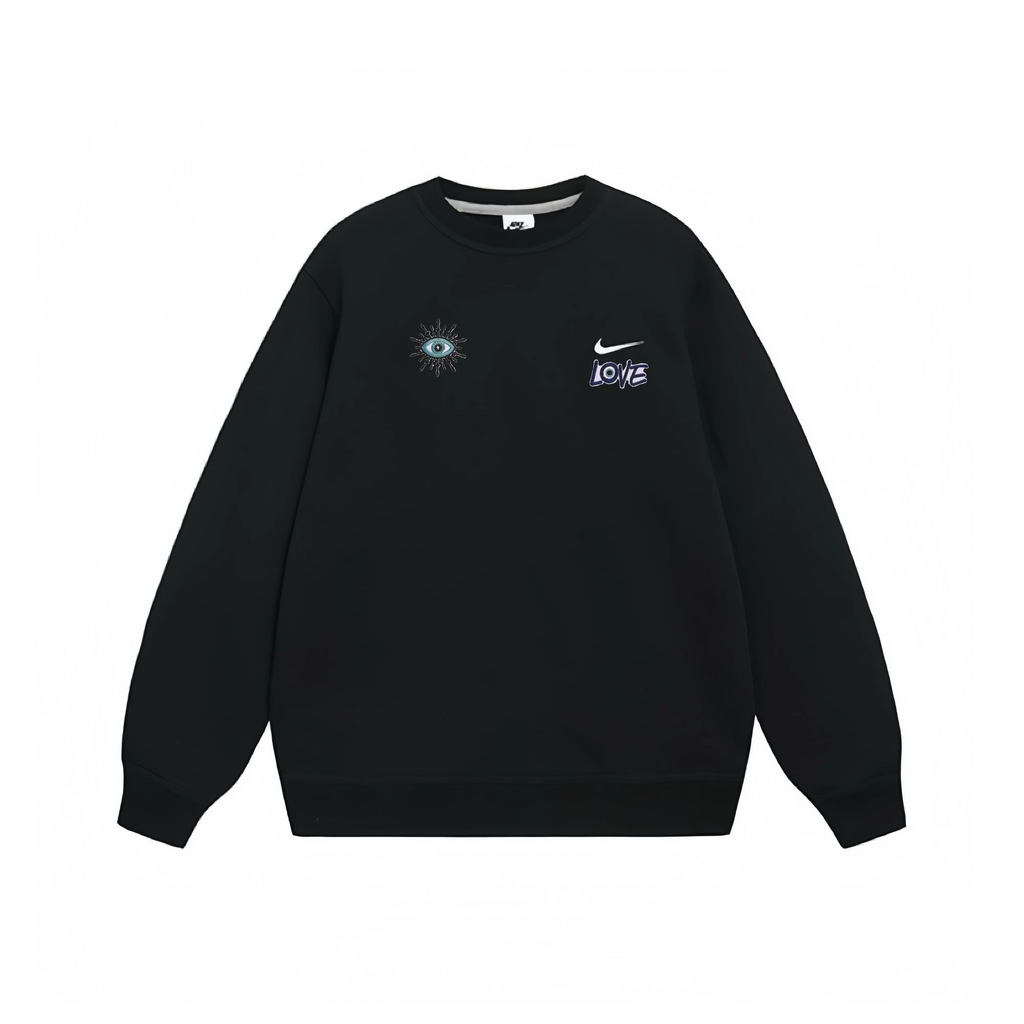 Custom Embroidery Nike Sweatshirt Black With Evil - Eye And Love Motif