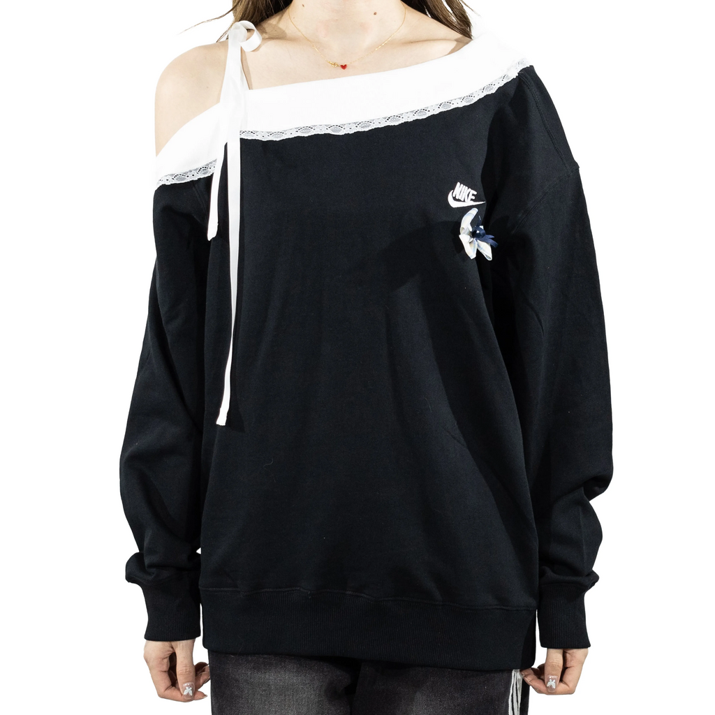 Custom Nike Sweatshirt Off Shoulder Black With Lace Trim And Bow