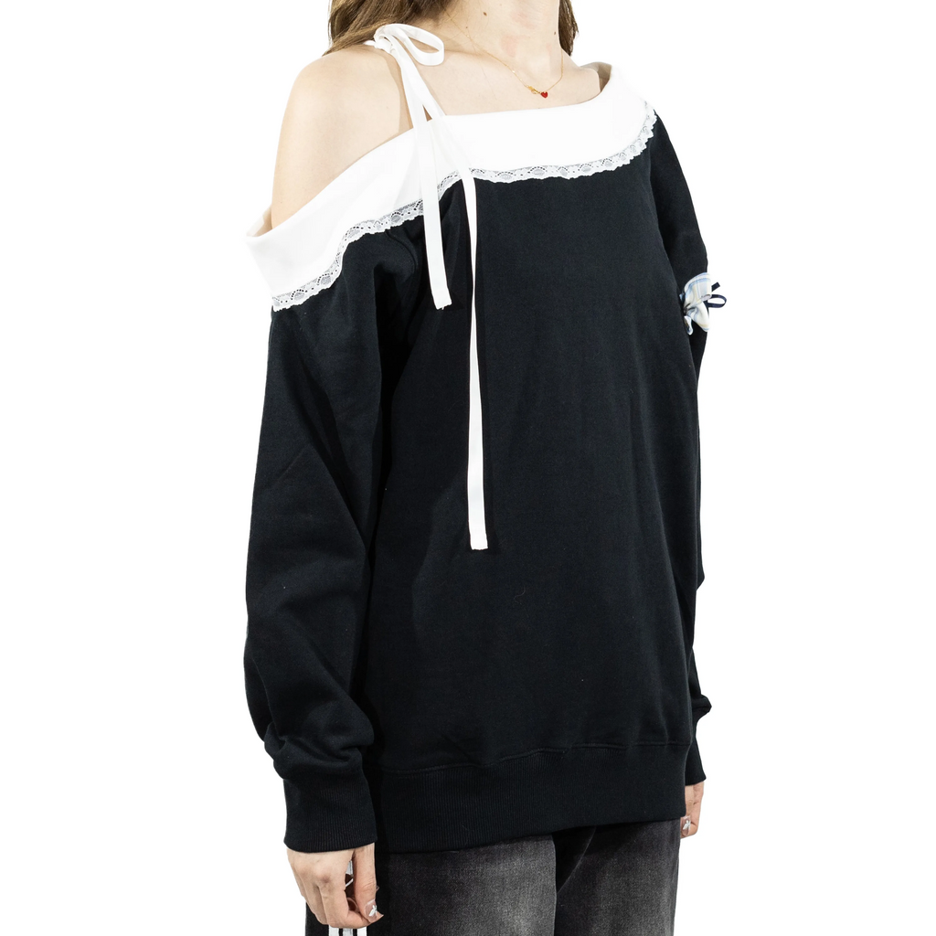 Custom Nike Sweatshirt Off Shoulder Black With Lace Trim And Bow