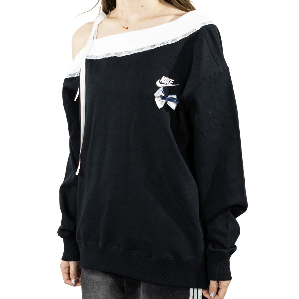 Custom Nike Sweatshirt Off Shoulder Black With Lace Trim And Bow