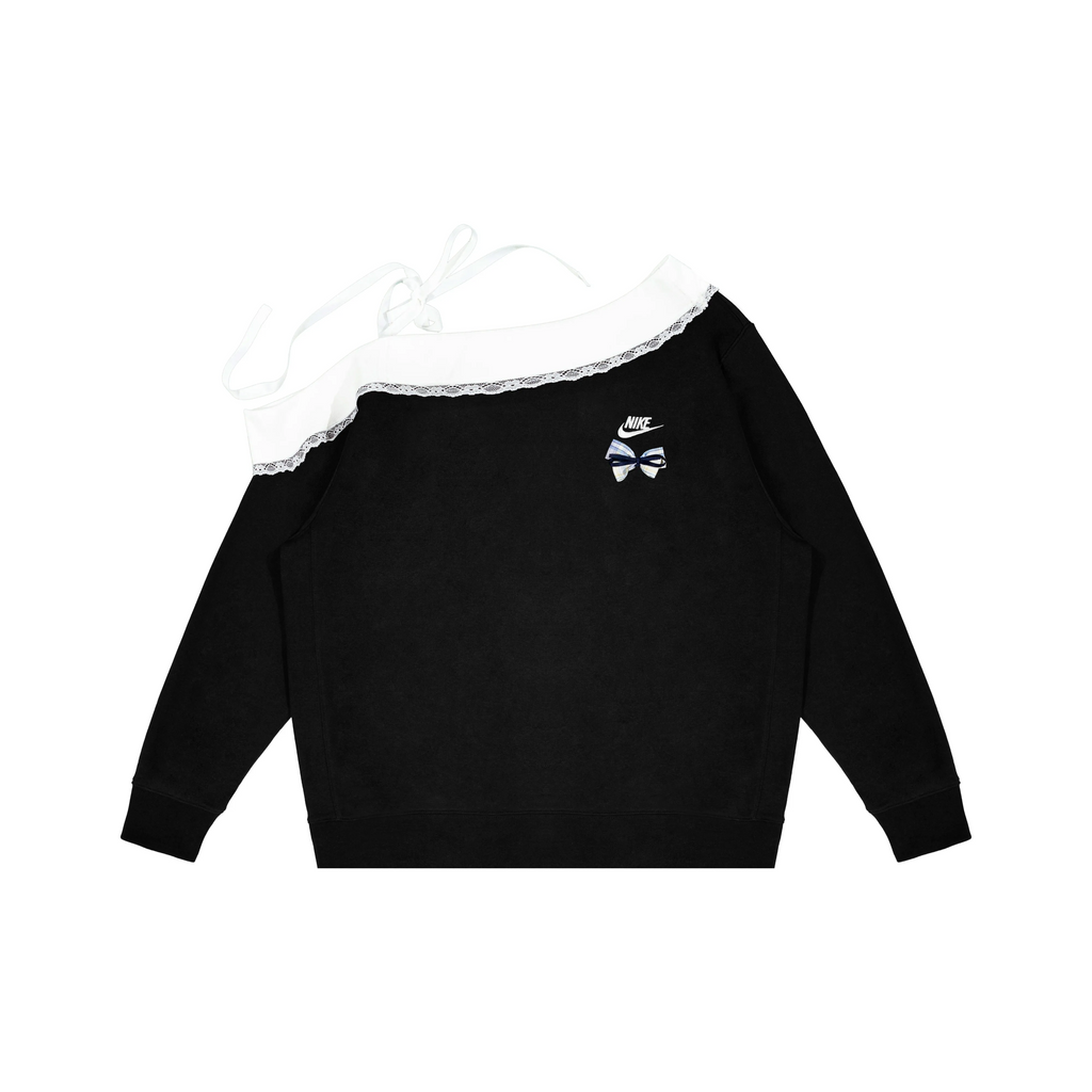 Custom Nike Sweatshirt Off Shoulder Black With Lace Trim And Bow