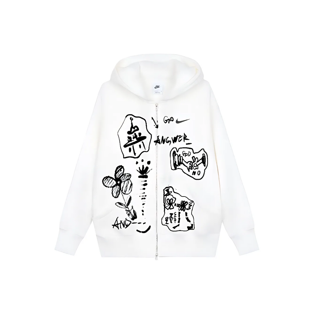 Custom Nike Sweatshirt White With HAnd - drawn Black Graphics