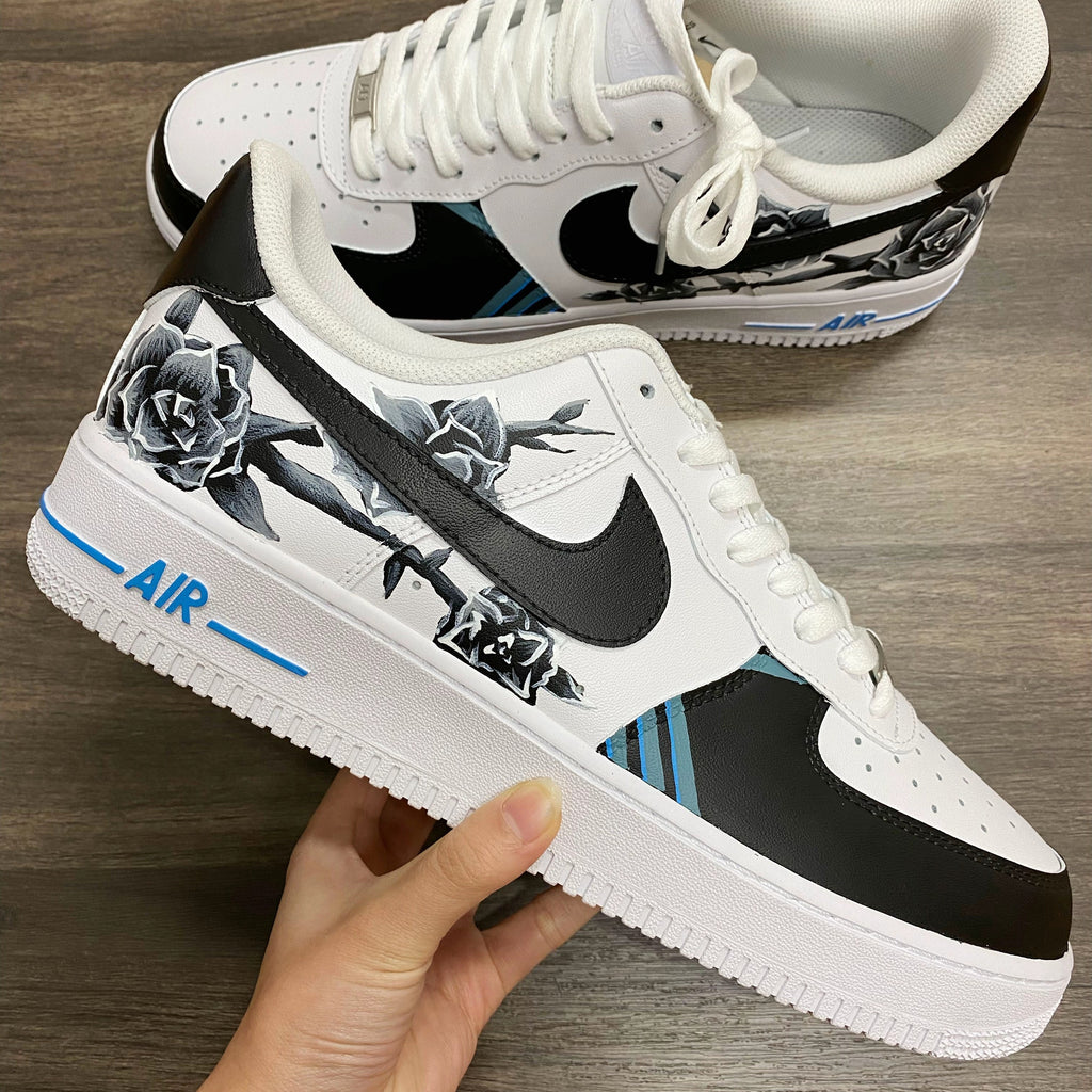 Custom Air Force 1 Black White Blooming Flowers